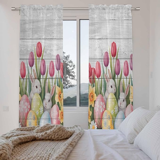 Easter Window Curtains 72 Inch Long 2 Panel Set, Rod Pocket Long Curtains & Drapes, Retro Spring Bunny Eggs Tulip Farm Wooden Grain Light Filtering Window Treatment for Bedroom Living Room 52"W x 72"L