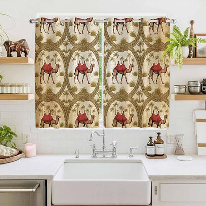 2 Panel Kitchen Cafe Curtains, Brown Desert Camels Sunlight Filtering Nature Air Through, Window Decor Tier Curtains for Living Room 104W x 63L inch Tropical Date Coconut Trees Cords Leaves
