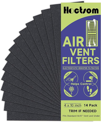 Air Vent Filter 4 x 10 Inch 14-Pack Activated Charcoal, Air Vent Floor Heater Carbon Pre-Filter Sheet 4x10 Inch Work for Home Air Purifier, Register, Ceiling 4" x 10" (Black) Hoctsom