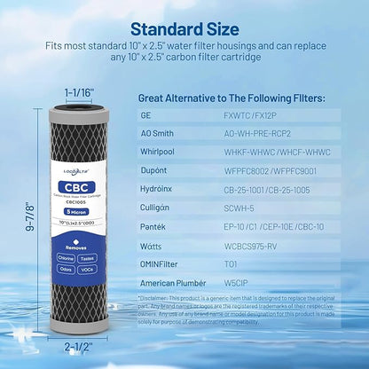 5 Micron 10" x 2.5" Whole House CTO Carbon Block Water Filter Cartridge Replacement for AO-WH-PRE-RCP2, FX12P, WFPFC8002, WFPFC9001, WHKF-WHWC, FXWTC, W5CIP, 3WH-STDCW-F02, SCWH-5 (Pack of 4)