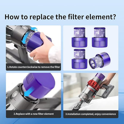 V10 Filter Replacement for Dyson V10 Cyclone Series, V10 Absolute, V10 Animal, V10 Total Clean, Replace Part No. 969082-01,4 Pack Filters and 1 Clean Brush