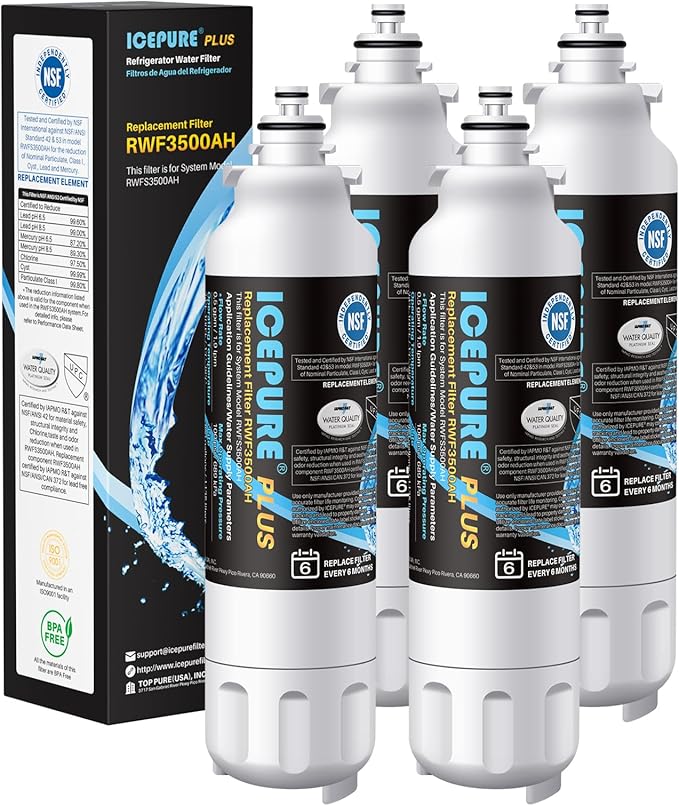ICEPURE PLUS 46-9490 NSF/ANSI 53 NSF/ANSI 42 Certified Compatible with LG LT800P, ADQ73613401, ADQ73613408, ADQ75795104, LMXS30776S, LSXS26366D, Kenmore 9490 Refrigerator Water Filter, 4PACK