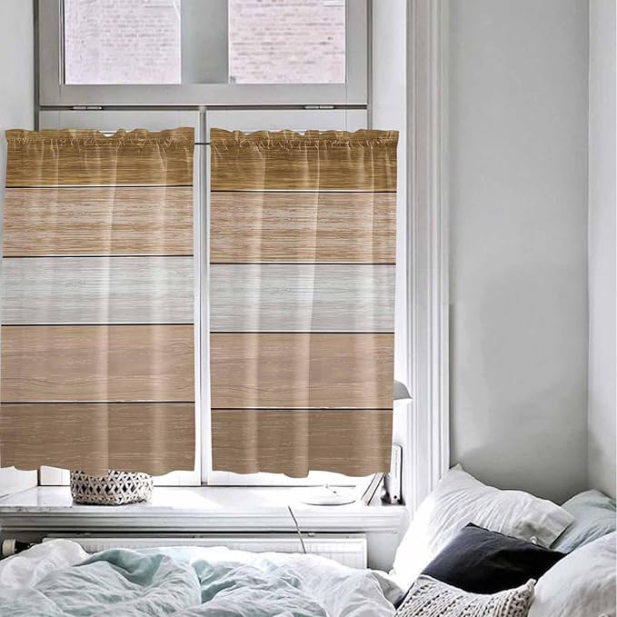 Retro Farm Wood Board Window Valance Curtains, Brown Graduality Striped Light Filtering Kitchen Valance with 3-inch Rod Pocket for Living Room Bathroom Bedroom,2 Panel,52x45In