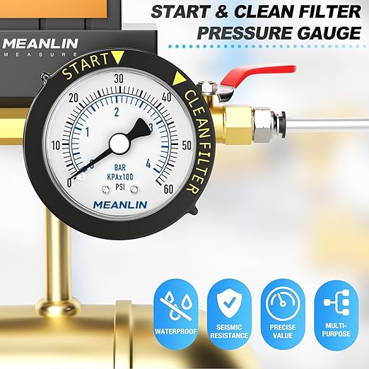 MEANLIN MEASURE 0~60Psi Stainless Steel Start and Clean Filter Pressure Gauge 1/4" NPT Waterproof for Pool Filter Pump Swimming Pool, Spa Center Back Mount with Rotatable Plastic Frame and Hex Bushing