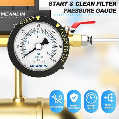 MEANLIN MEASURE 0~60Psi Stainless Steel Start and Clean Filter Pressure Gauge 1/4" NPT Waterproof for Pool Filter Pump Swimming Pool, Spa Center Back Mount with Rotatable Plastic Frame and Hex Bushing