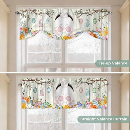 Easter Tie Up Valance Curtains for Windows, Kitchen Curtains Window Shades, Spring Farmhouse Watercolor Bunny Eggs Wood Grain Light Filtering Roman Curtain Valances for Bedroom/Bathroom/Cafe 54"x18"