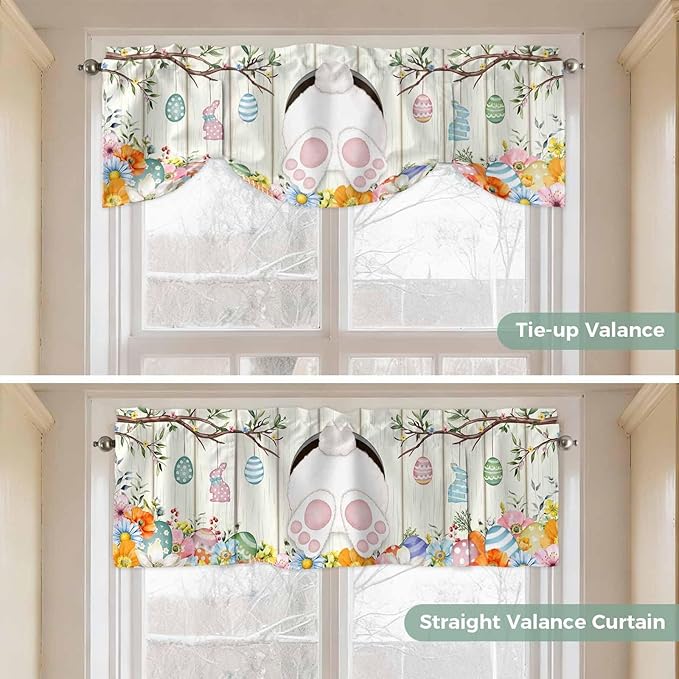 Easter Tie Up Valance Curtains for Windows, Kitchen Curtains Window Shades, Spring Farmhouse Watercolor Bunny Eggs Wood Grain Light Filtering Roman Curtain Valances for Bedroom/Bathroom/Cafe 42"x18"