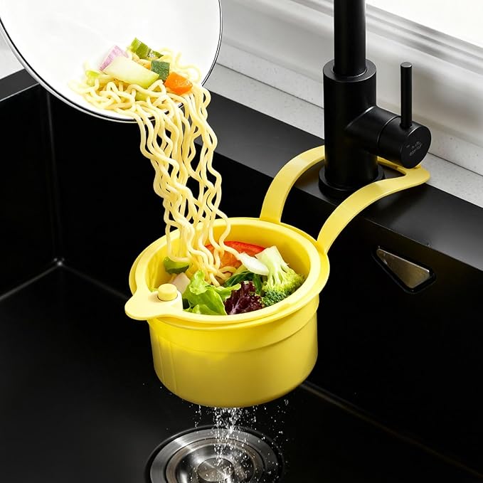 JOMCYDM Kitchen Sink Basket, Faucet Hanging Draining Basket, Kitchen Waste Catcher Hands-Free Press to Empty, Prevents Clogs & Messy Scraping (Yellow)