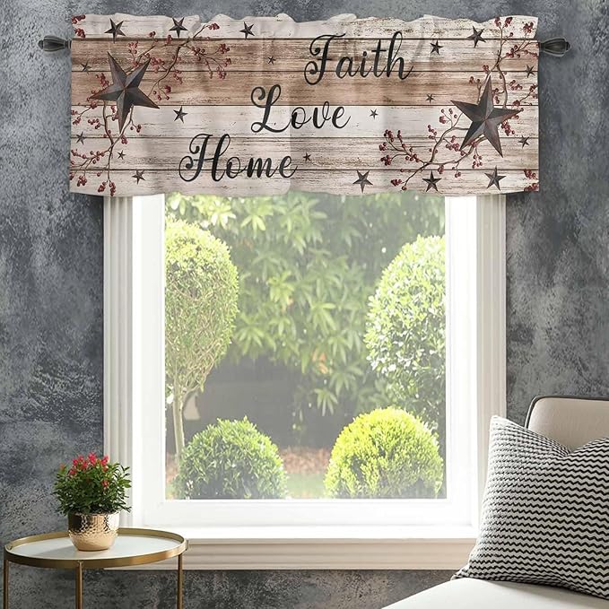 Rustic Star Brown Curtain Valances for Windows, Kitchen Valance Window Treatment, Vintage Plants Berry Wooden Grain Light Filtering Block Curtains for Bathroom/Bedroom/Living Room 54'' x 18''