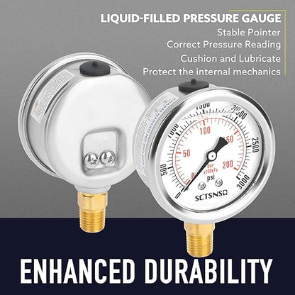 2-1/2" Dial Size, 0-3000 Psi Pressure Gauge, Glycerin Liquid Filled, 1/4" NPT Lower Mount, Stainless Steel Case, for Regulator, Brew Setup, Beer, Kombucha, HVAC, Hydraulic, High Pressure Test