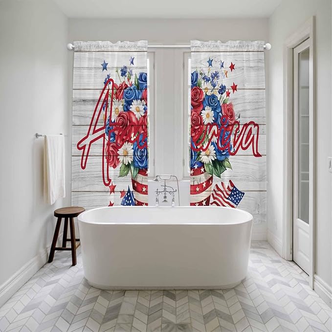 Independence Day Window Curtains 72 Inch Long 2 Panel Set, Rod Pocket Long Curtains & Drapes, 4 of July Rose Wooden Grain Vintage Light Filtering Window Treatment for Bedroom Living Room 52"W x 72"L