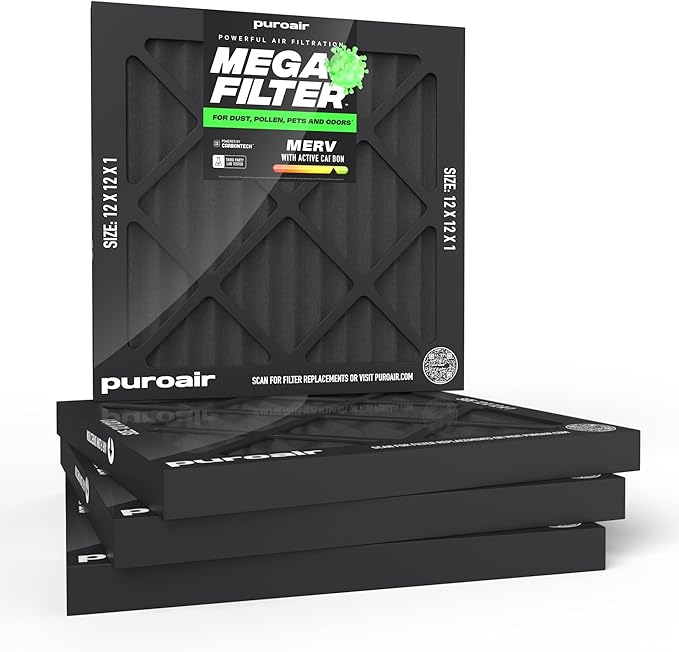 PuroAir MegaFilter - 12x12x1 Air Filter MERV 13 Activated CarbonTech Defense - Heavy Duty 3 Layer Furnace Filters Allergens, Pollen, Dust, Pet Dander, Smoke, Odors - HVAC Air Filter 12x12x1 (4-Pack)