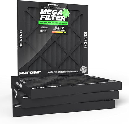 PuroAir MegaFilter - 12x12x1 Air Filter MERV 13 Activated CarbonTech Defense - Heavy Duty 3 Layer Furnace Filters Allergens, Pollen, Dust, Pet Dander, Smoke, Odors - HVAC Air Filter 12x12x1 (4-Pack)