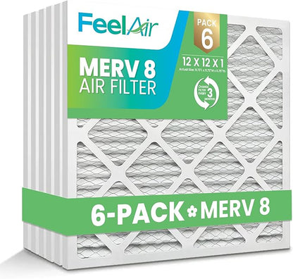 12x12x1 Air Filter, MERV 8, 6 Pack – Premium Pleated HVAC & Furnace Filter, Electrostatic AC Filter Replacement (Actual Size: 11.75" x 11.75" x 0.75")