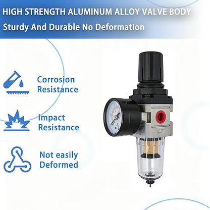 HengMinLingTong 1/4" NPT Compressed Air Filter Regulator Combo Piggyback, 5 Micron Brass Element, Poly Bowl, Semi-Auto Drain, Metal Bracket, 0-150 psi AW2000-02