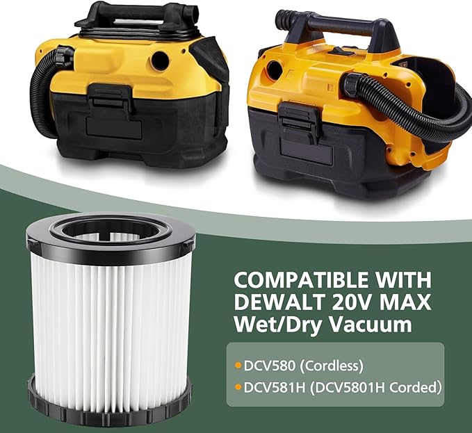 DCV580H DCV581H Vacuum Replacement Filter for DEWALT 20V MAX Wet/Dry VAC DCV580H (Cordless) DCV581H DCV5801H Portable Shop Vac Vacuum 2 Gallon Tank Capacity, Washable and Reusable Hepa Filter, 4 Pack