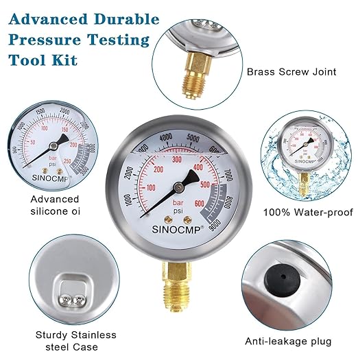 SINOCMP Hydraulic Pressure Test Kit with 3 Gauges 25/40/60 Mpa, 9 Couplings, 3 Test Hoses, Hydraulic Gauge Tester Set for Excavator Construction Machinery