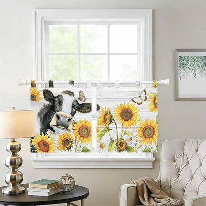 Retro Farmhouse Floral Kitchen Curtains 24 Inch Length, Small Window Curtains Tab Top, Yellow Sunflowers Cows Butterfly Wood Light Filtering Short Window Treatments Tier Drapes 27.5"x24" 2 Panel