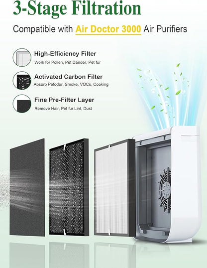 3000 Replacement Filter Compatible with Air Doctor 3000 Air Purifier, 1 Premium Filter + 2 Activated Carbon Filters + 4 Pre-Filters,Incompatible with AD3500