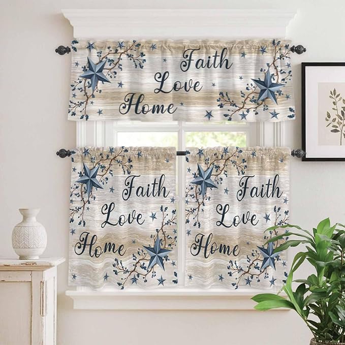 Vintage Country Kitchen Curtains Set 3 Piece for Windows,Rod Pocket Valance and Tier Set 36 Inch Length,Blue Rustic Texas Star Vines Wooden Grain Light Filtering Cafe Curtains for Living Room