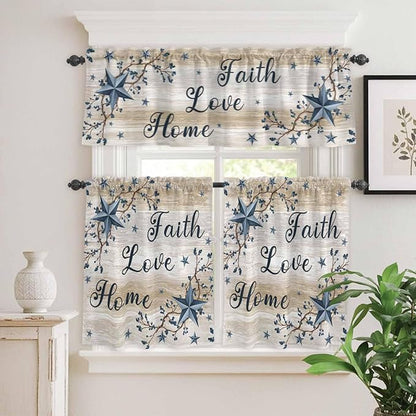 Vintage Country Kitchen Curtains Set 3 Piece for Windows,Rod Pocket Valance and Tier Set 24 Inch Length,Blue Rustic Texas Star Vines Wooden Grain Light Filtering Cafe Curtains for Living Room