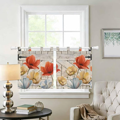 Retro Floral Kitchen Curtains 24 Inch Length, Small Window Curtains Tab Top, Red Yellow Tulips Barm Doors Farmhouse Wooden Light Filtering Short Window Treatments Tier Drapes 27.5"x24" 2 Panel