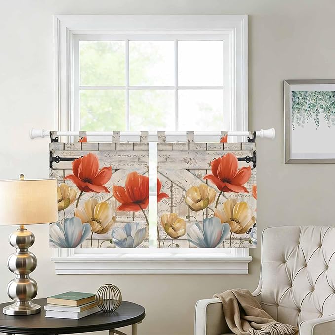 Retro Floral Kitchen Curtains 36 Inch Length, Small Window Curtains Tab Top, Red Yellow Tulips Barm Doors Farmhouse Wooden Light Filtering Short Window Treatments Tier Drapes 27.5"x36" 2 Panel