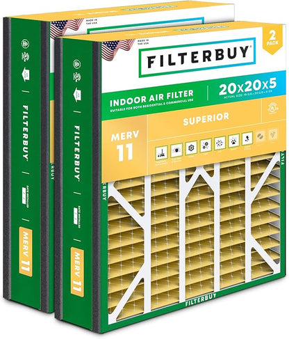 Filterbuy 20x20x5 Air Filter MERV 11 Superior Pet & Allergy Defense (2-Pack), Electrostatic Pleated HVAC AC Furnace Filters for Trion Air Bear 255649-103 & More (Actual Size: 19.63 x 20.63 x 4.88)