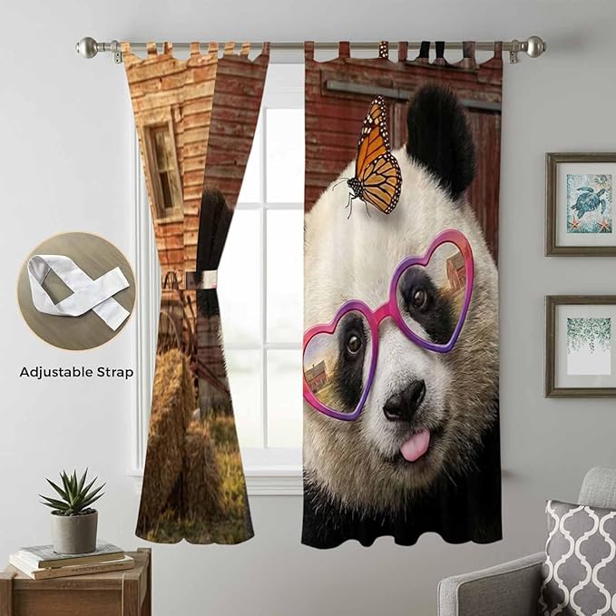 Farm Panda Living Room Curtains 84 Inch Length, Window Curtains Tab Top, Farmhouse Barn Funny Animals Butterfly Light Filtering Window Treatments Drapes 52"x84" 2 Panel