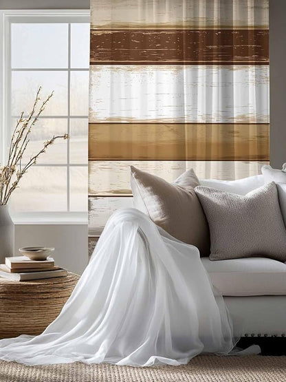 Sheer Curtains 63 Inch Length, Brown Wood Grain Semi Sheer Curtains Light Filtering Window Treatment, Vintage Country Geometric Striped Privacy Voile Drapes for Living Room Bedroom 52x63 Inch