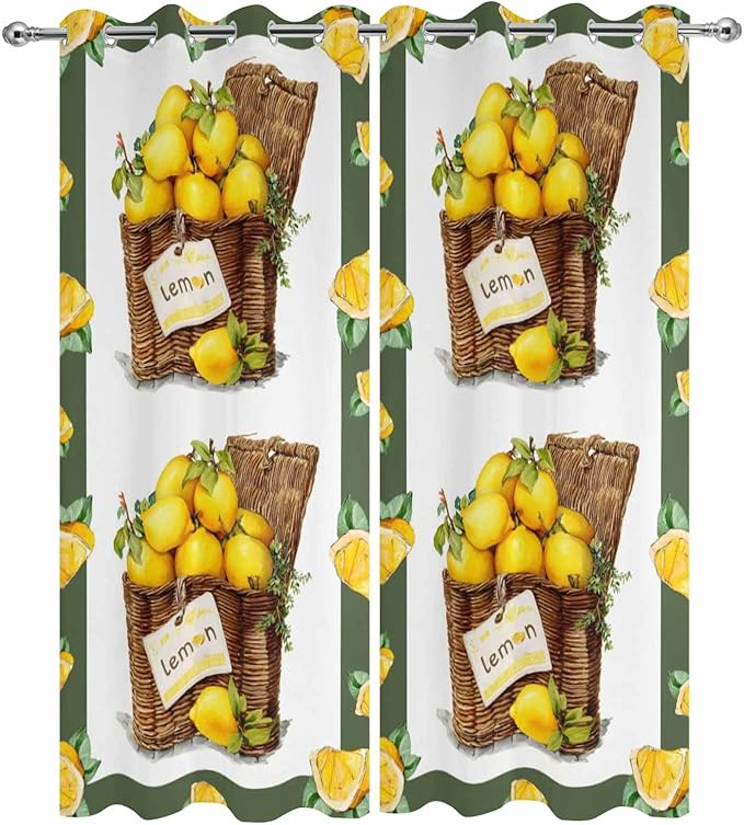 Lemon Outdoor Curtains for Patio Lemons in Baskets Summer Tropical Plants Green Waterproof Outside Curtains with Grommet Top Weatherproof Curtain for Cabana Pergola Gazebo, 2 Pack, 54" W x 84" L
