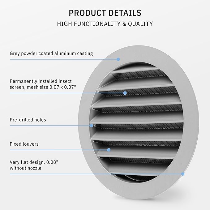 calimaero® WSGG 5" Inch Gray Round Metal Air Vent Grill Cover Flat Louver with Fly Screen Fits Only with Metal Ducts