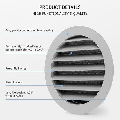 calimaero® WSGG 5" Inch Gray Round Metal Air Vent Grill Cover Flat Louver with Fly Screen Fits Only with Metal Ducts