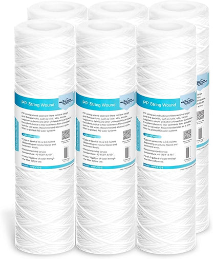 Membrane Solutions 20 Micron 10"x2.5" String Wound Whole House Water Filter Replacement Cartridge Universal Sediment Filters for Well Water - 6 Pack