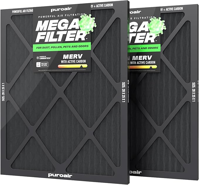 PuroAir MegaFilter - 20x25x1 Air Filter MERV 13 Activated CarbonTech Defense - Heavy Duty 3 Layer Furnace Filters Allergens, Pollen, Dust, Pet Dander, Smoke, Odors - HVAC Air Filter 20x25x1 (2-Pack)