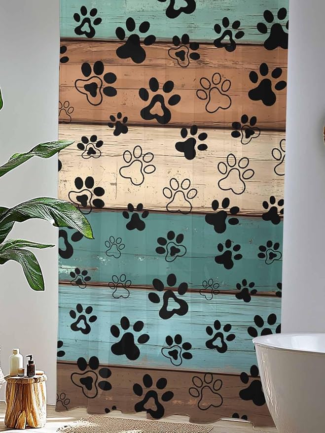 Sheer Curtains 96 Inches Long, Green Brown Paw Print Semi Sheer Curtains Light Filtering Window Treatment, Vintage Farmhouse Country Wooden Grain Privacy Voile Drapes for Living Room 52x96 Inch