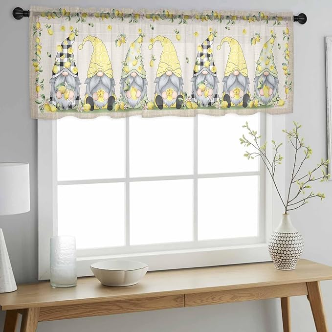 Rustic Lemon Gnomes Sheer Valance Curtains, Summer Fruit Leaves Retro Linen Texture Light Filtering Kitchen Valances Rod Pocket Voile Curtain Window Treatment for Bedroom/Living Room/Basement 42Wx12L