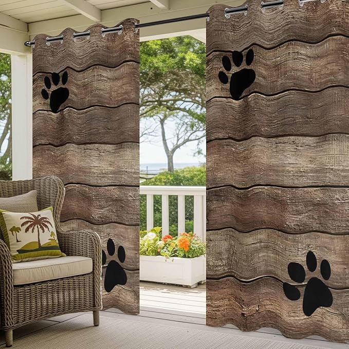 Wood Grain Outdoor Curtains for Patio Claws Animals Wooden Brown Vintage Waterproof Outside Curtains with Grommet Top Weatherproof Curtain for Cabana Pergola Gazebo, 1 Panel, 54" W x 84" L