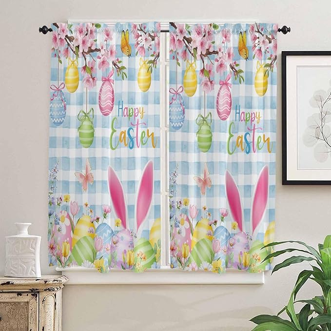 Happy Easter Bedroom Curtains 63 Inches length, Spring Watercolor Bunny Eggs Flower Blue Plaid Window Treatment Curtain Drapes, Rod Pocket Curtain Panels for Living Room Kitchen, 42"x63", 2 Panels