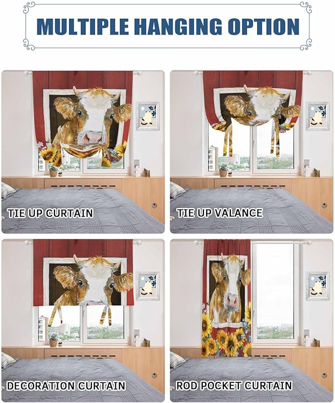Tie Up Curtains for Windows, Cows Sunflowers Adjustable Balloon Nature Linen Textured Kitchen Curtain, Spring Floral Bees Farmhouse Barn Privacy Curtains Balloon Blind for Cafe, 42 x 63 Inches