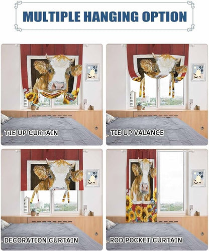 Tie Up Curtains for Windows, Cows Sunflowers Adjustable Balloon Nature Linen Textured Kitchen Curtain, Spring Floral Bees Farmhouse Barn Privacy Curtains Balloon Blind for Cafe, 42 x 63 Inches