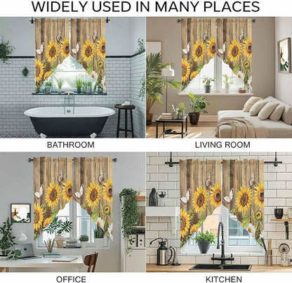 Farmhouse Sunflowers Swag Valances for Windows, Rustic Floral Buttterfly Wood Board Brown Rod Pocket Kitchen Curtains Valance, Kitchen Window Curtains Swag for Cafe Living Room, 2 Panels, 36x45 inch