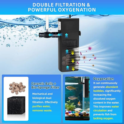 Submersible Internal Aquarium Filter Multiple Function Powerful Pump Fish Tank Filter for 10-20 Gallon Tanks 105 GPH 5W