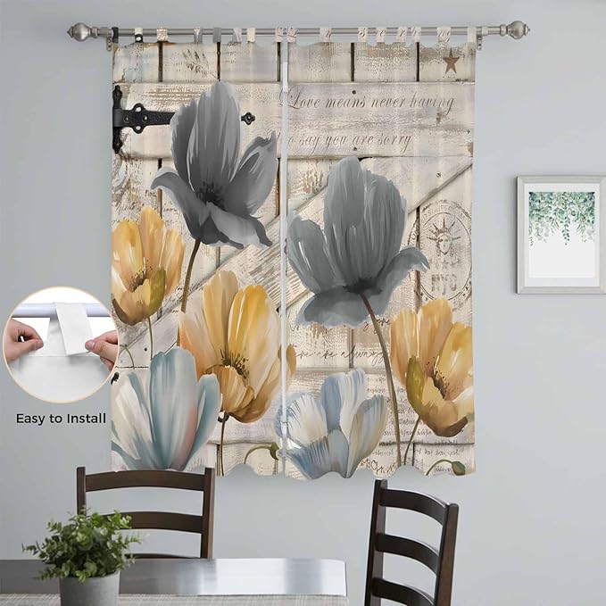 Spring Tulips Flower Living Room Curtains 84 Inch Length, Window Curtains Tab Top, Vintage Floral Barn Doors Rustic Beige Light Filtering Window Treatments Drapes 52"x84" 2 Panel