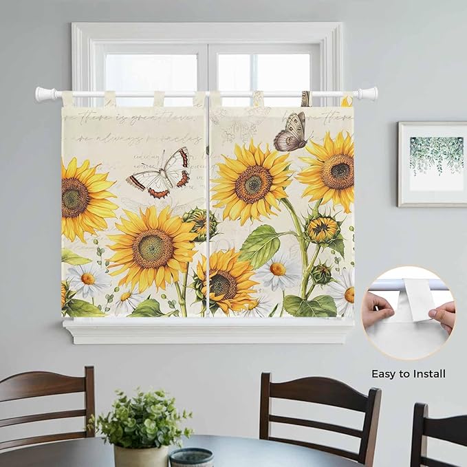Farm Sunflowers Kitchen Curtains 45 Inch Length, Short Cafe Window Curtains Tab Top, Retro Flowers Butterfly Botanical Beige Light Filtering Window Treatments Tier Drapes 27.5"x45" 2 Panel