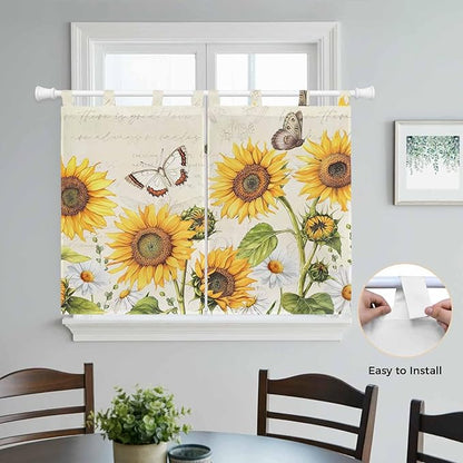 Farm Sunflowers Kitchen Curtains 45 Inch Length, Short Cafe Window Curtains Tab Top, Retro Flowers Butterfly Botanical Beige Light Filtering Window Treatments Tier Drapes 27.5"x45" 2 Panel