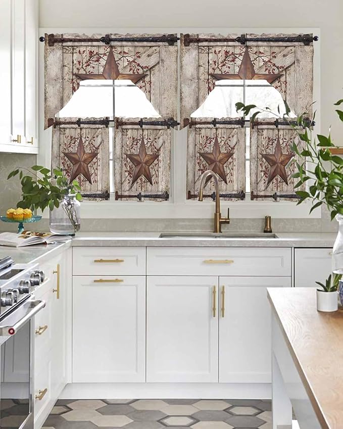 Country Star Swag Kitchen Curtains Valance and Tier Set, VintageRust Yellow Star Berry Beige Barn Gate Light-Filtering Swag Valance 36 Inch Length, Rod Pocket Short Curtain for Bedroom Cafe