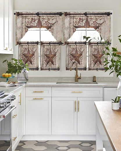 Country Star Swag Kitchen Curtains Valance and Tier Set, VintageRust Yellow Star Berry Beige Barn Gate Light-Filtering Swag Valance 24 Inch Length, Rod Pocket Short Curtain for Bedroom Cafe