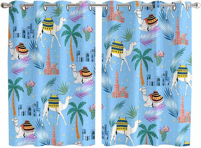 2 Panel Kitchen Cafe Curtains, Desert Landscape Sunlight Filtering Nature Air Through, Window Decor Tier Curtains for Living Room 104W x 72L inch Cute Camels Palm Trees Houses Leaves Blue