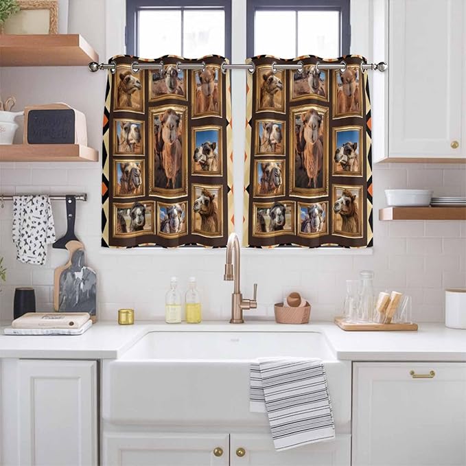 2 Panel Kitchen Cafe Curtains, Wildlife Camels Sunlight Filtering Nature Air Through, Home Decor Window Covering Tier Curtains for Living Room 104W x 52L inch Deserts Animals Brown Geometric Rustic